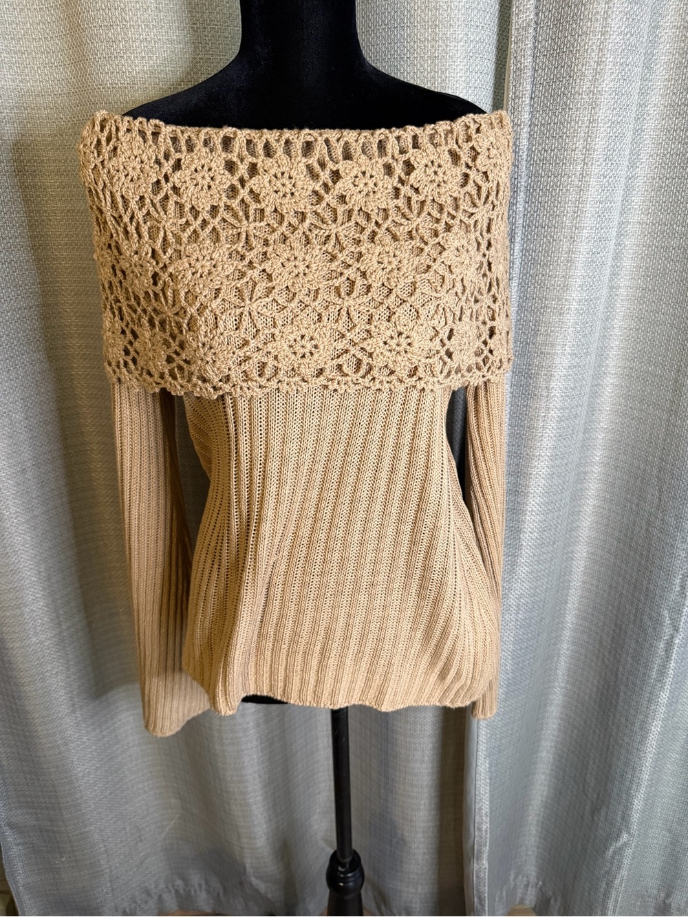 &Merci Crochet Yoke Off-Shoulder Sweater in Beige - Picture 2 of 6
